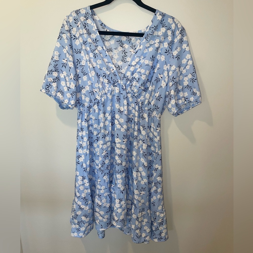 Blue floral sundress with deep V neckline